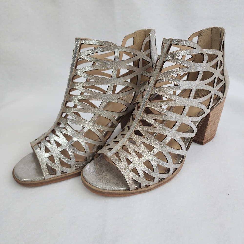 Vince Camuto Kevston Womens US 8.5M Silver Cut Out Block Heel Back Zip Sandals